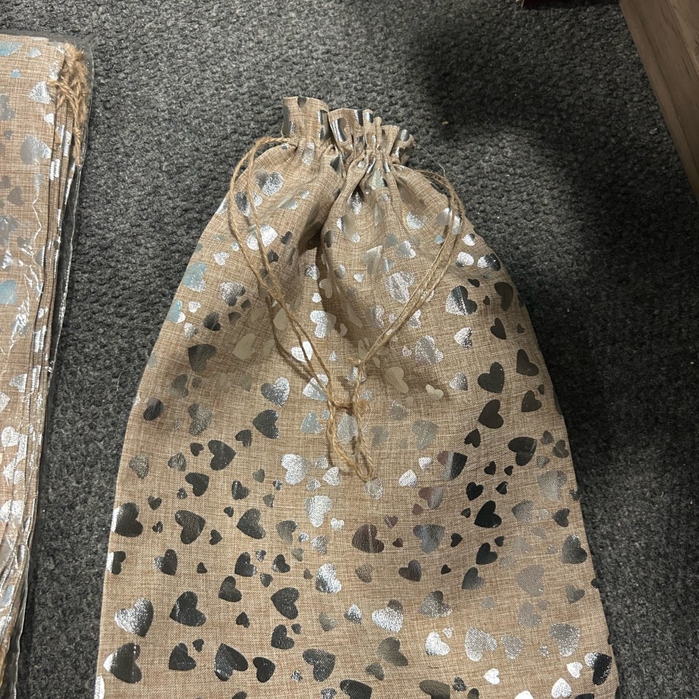 Heart Patterned Burlap Drawstring Bag